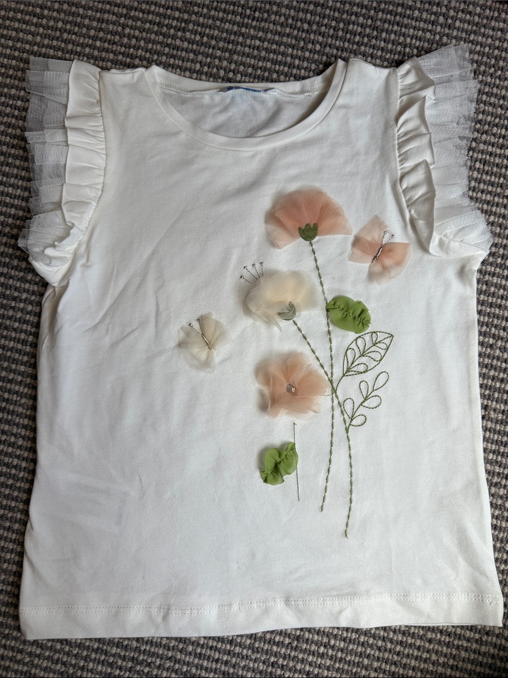 Mayoral White Tee with Peach and Green Floral Appliqué